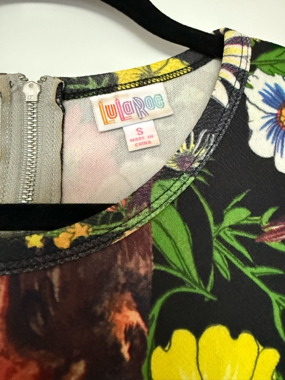 LuLaRoe Black Floral Short Sleeve Fit & Flare Dress with Multicolor Blooms - Picture 3 of 4